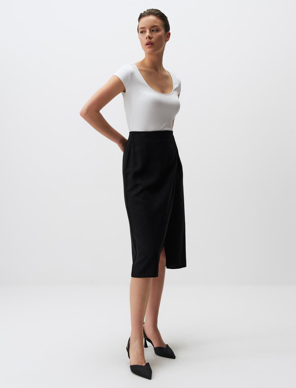 Normal Bel Yırtmaçlı Midi Keten Karışımlı Etek