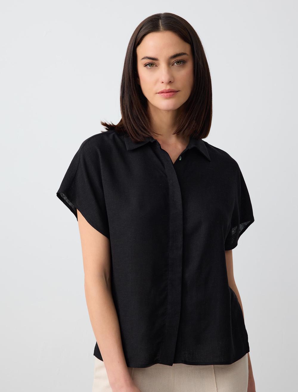 Kısa Kollu Keten Karışımlı Gömlek