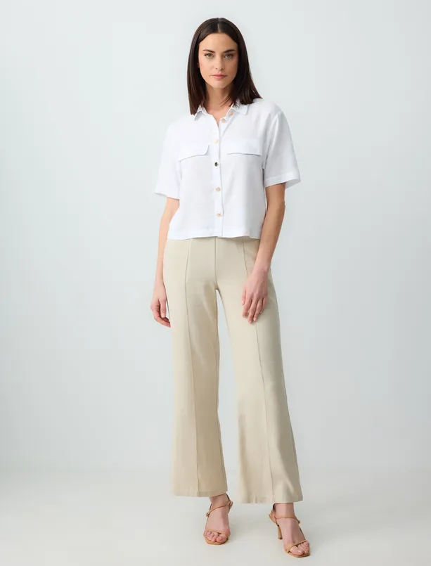 Women White Short Sleeve Linen Blend Shirt with Pocket Detail