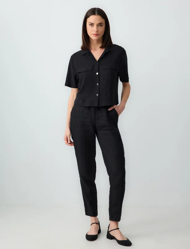 Women Black Short Sleeve Linen Blend Shirt with Pocket Detail