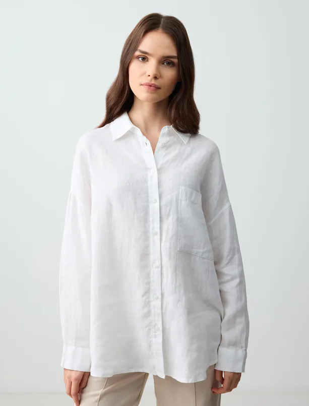 Bayan  %100 Keten Oversize Cepli Uzun Kollu Gömlek