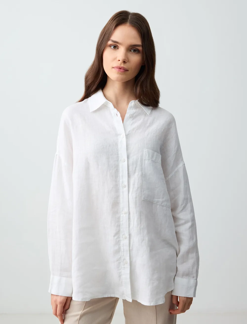 100% Linen Oversized Long Sleeve Shirt with Pockets