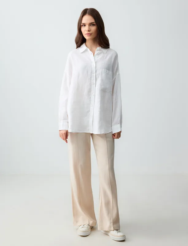 Women White 100% Linen Oversized Long Sleeve Shirt with Pockets