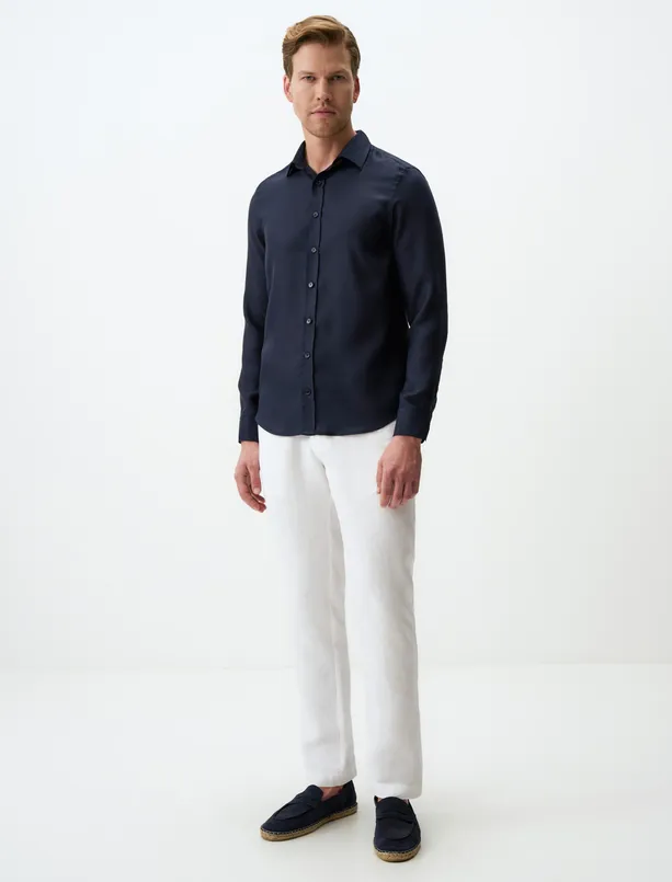 Bayan Lacivert Uzun Kollu Erkek Gömlek