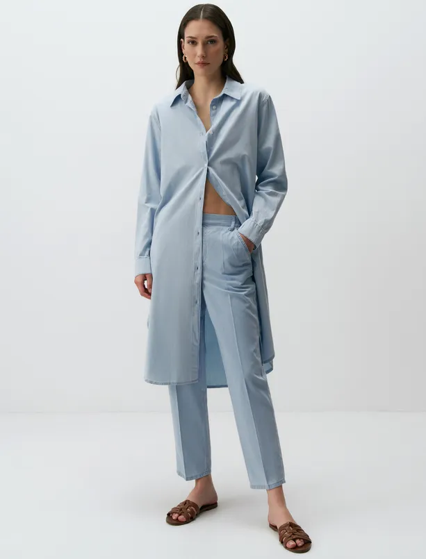 Bayan Mavi Uzun Kollu Denim Basic Gömlek Elbise