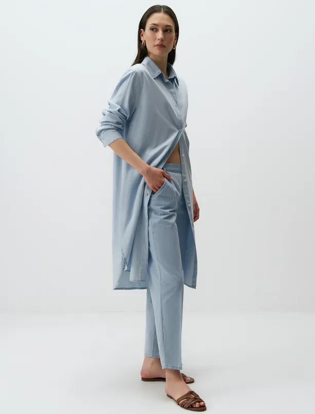 Bayan Mavi Uzun Kollu Denim Basic Gömlek Elbise