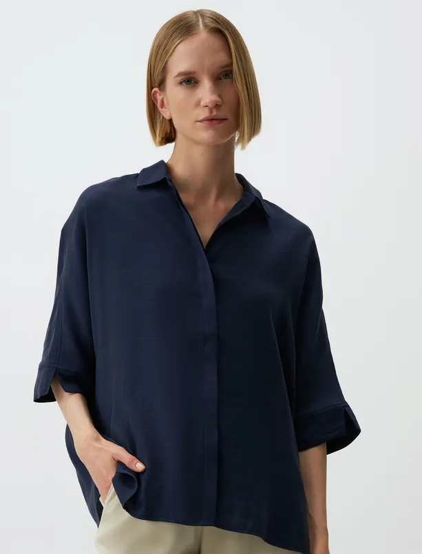Women Dark Blue Loose Fit Trouser Sleeve Slit Shirt