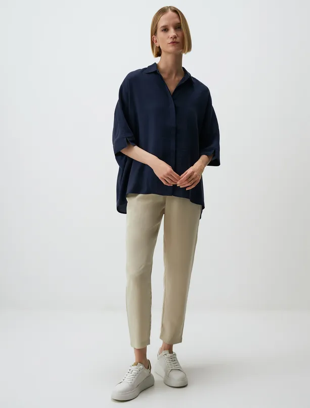 Women Dark Blue Loose Fit Trouser Sleeve Slit Shirt
