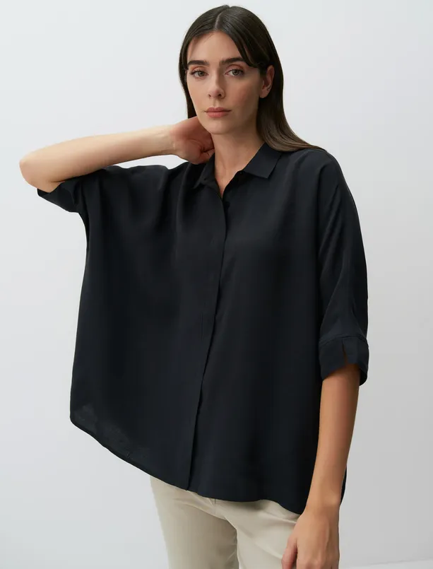 Women Black Loose Fit Trouser Sleeve Slit Shirt