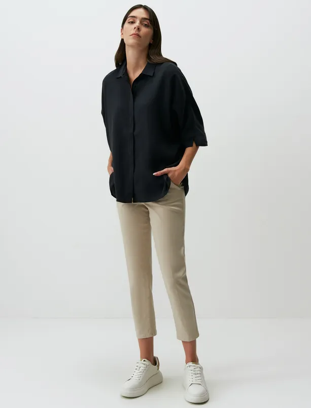 Women Black Loose Fit Trouser Sleeve Slit Shirt