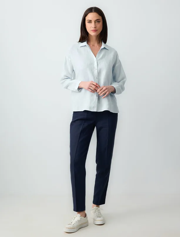 Women Blue 100% Linen Long Sleeve Basic Shirt