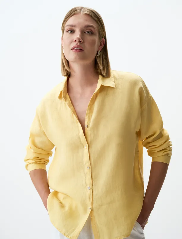 Women Yellow 100% Linen Long Sleeve Basic Shirt