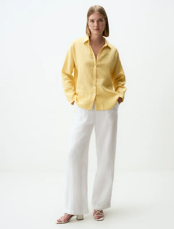Women Yellow 100% Linen Long Sleeve Basic Shirt