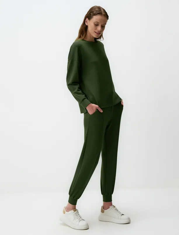 Bayan Haki Yüksek Bel Dar Paça Cepli Jogger Pantolon