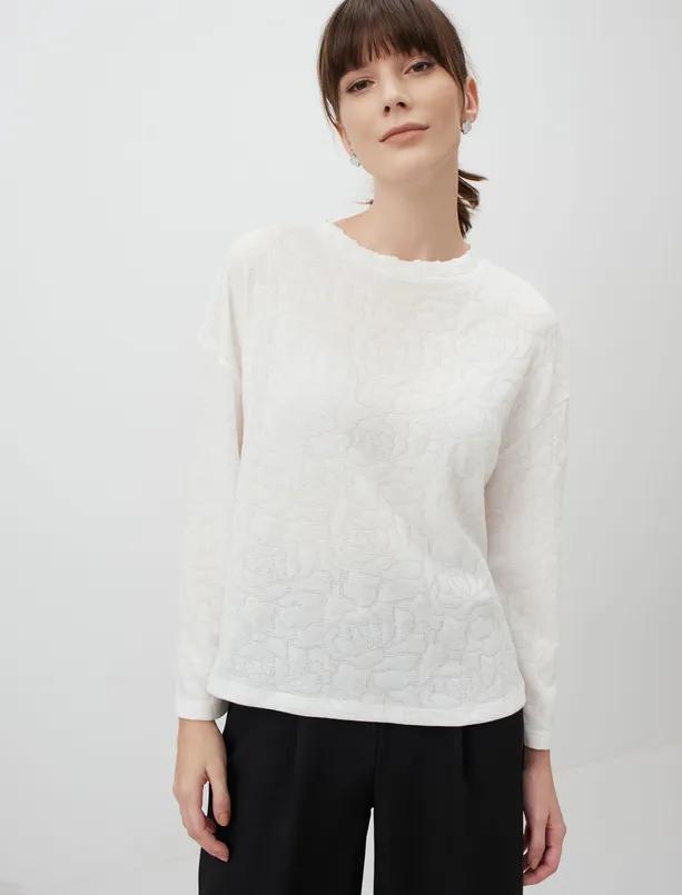 Bayan Ekru Yuvarlak Yaka Uzun Kollu Sweatshirt