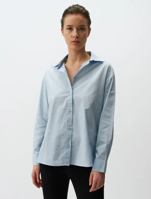 Bayan Mavi Uzun Kollu Pamuklu Basic Poplin Gömlek