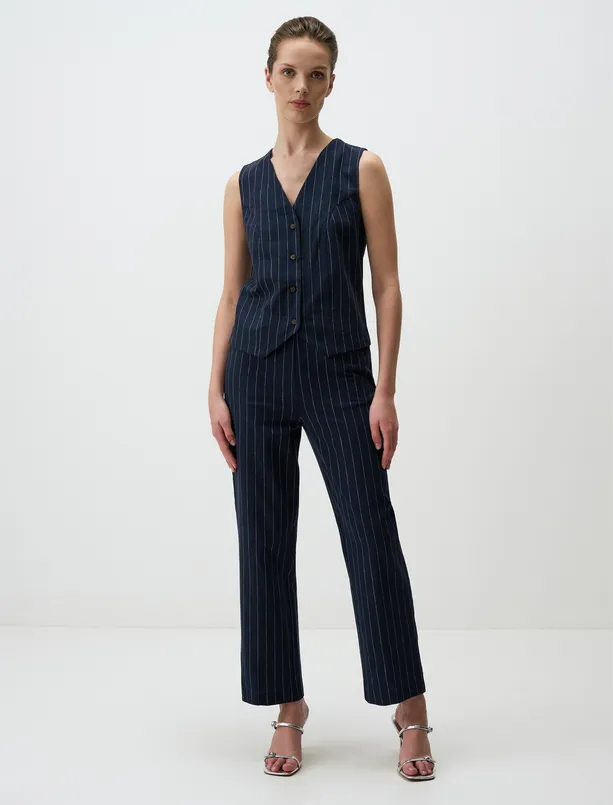 Women Dark Blue High Waist Striped Linen Pants with Pockets