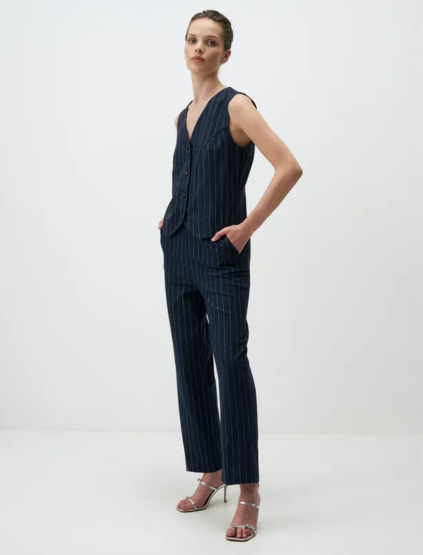 Women Dark Blue High Waist Striped Linen Pants with Pockets