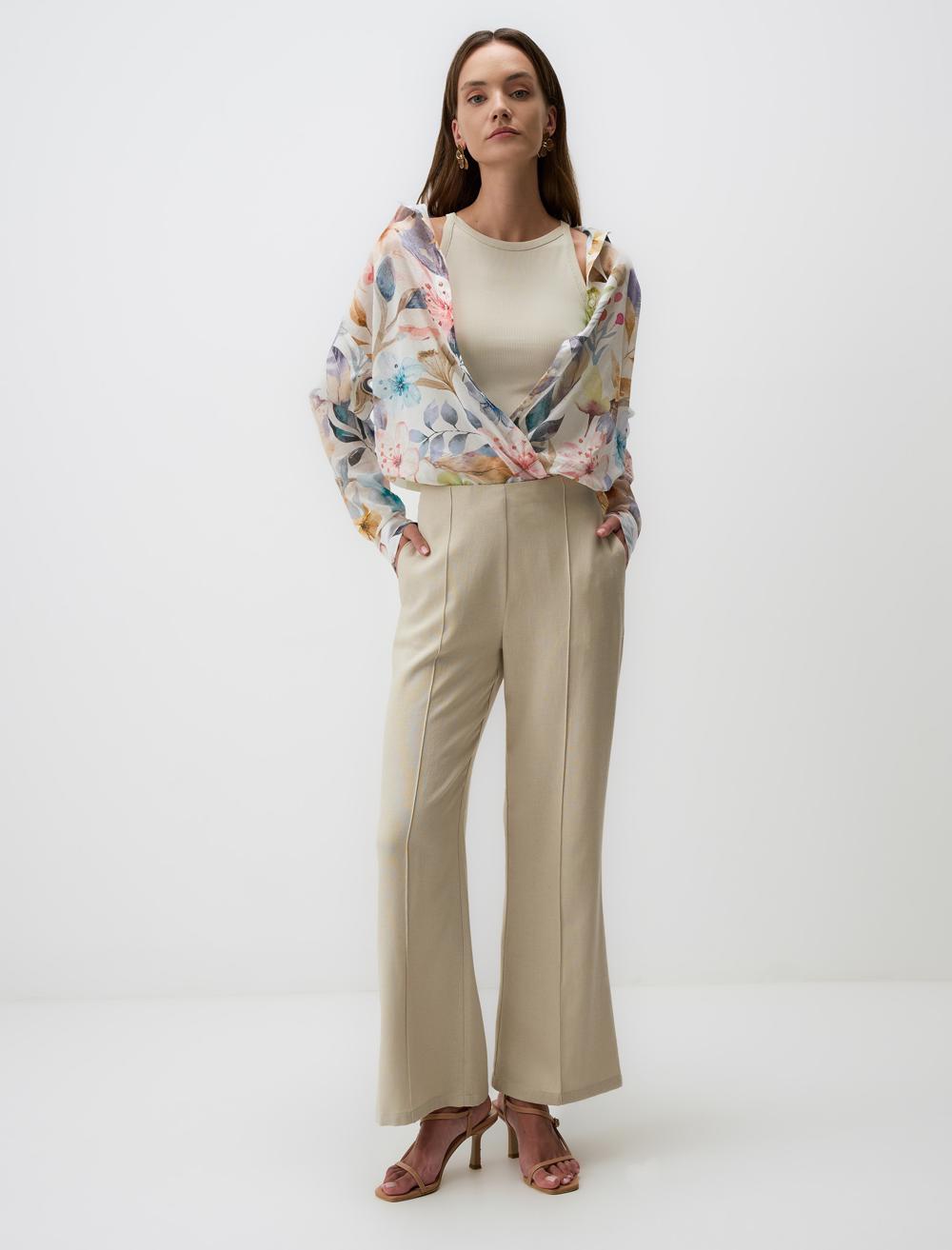 Bol Paça Yüksek Bel Keten Karışımlı Pantolon