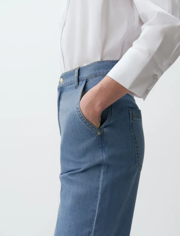 Bayan Mavi Bol Paça Yüksek Bel Jean Pantolon