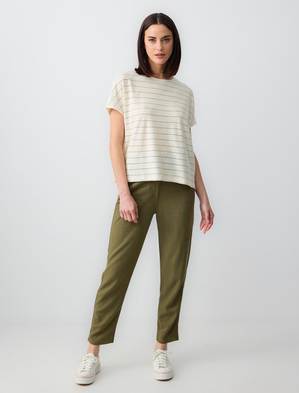 Yüksek Bel Beli Lastikli Keten Karışımlı Pantolon