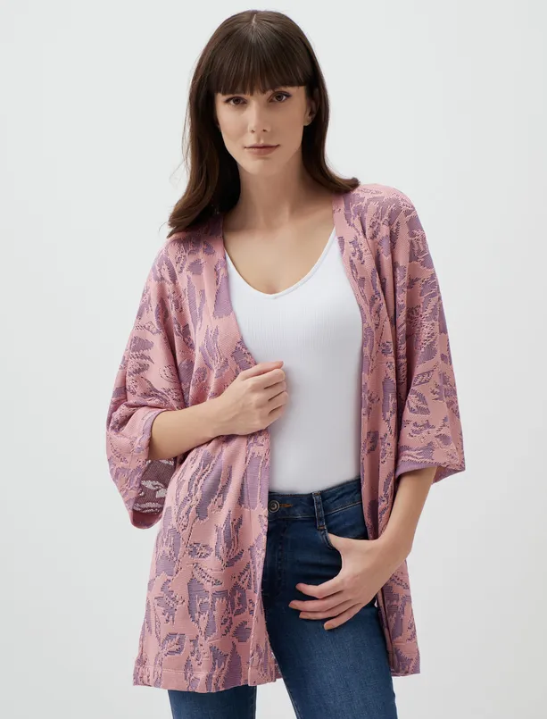 Bayan Pembe Dirsek Kollu Çiçek Desenli Kimono