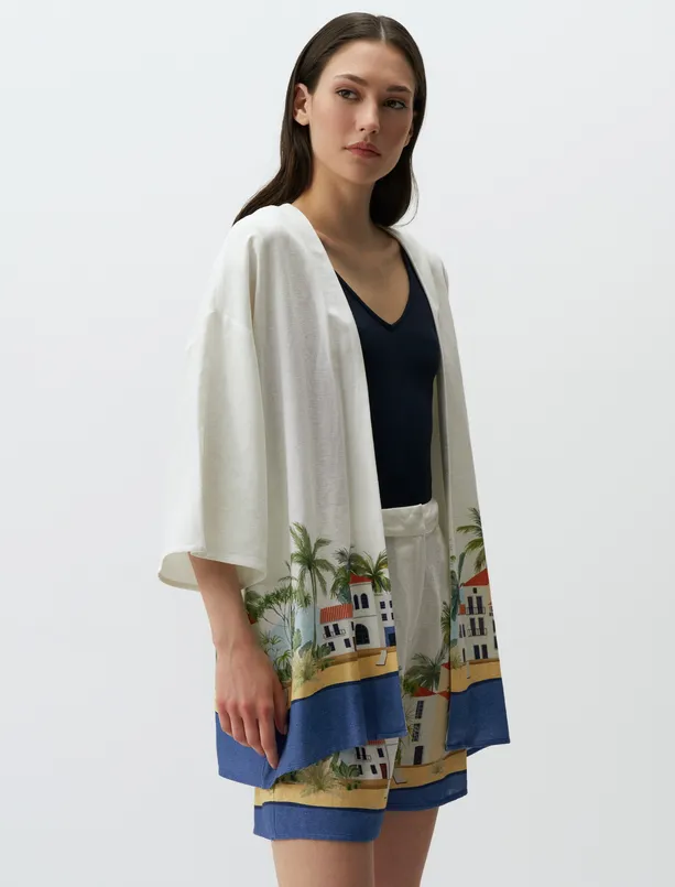 Bayan Beyaz Truvakar Kol Desenli Keten Kimono