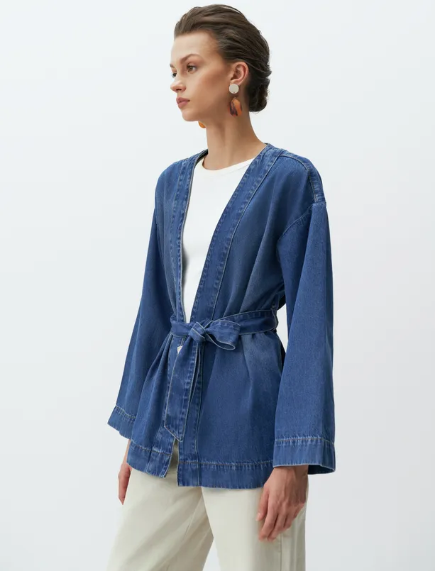 Bayan Mavi Uzun Kollu Kuşaklı Denim Kimono