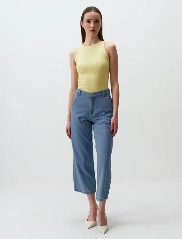 Bayan Sarı Dar Kesim Kolsuz Halter Yaka Örme Atlet