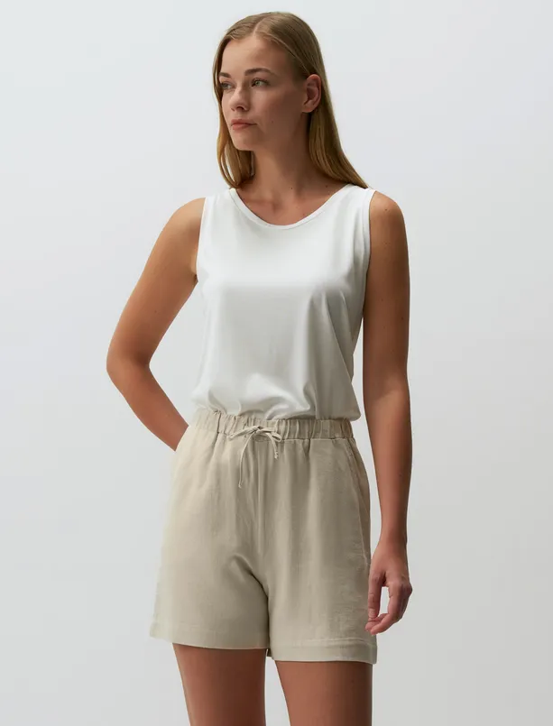 Women Beige Loose Fitted Linen Shorts with Tie Waist