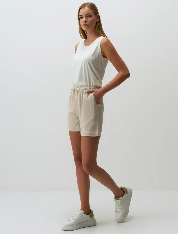 Women Beige Loose Fitted Linen Shorts with Tie Waist