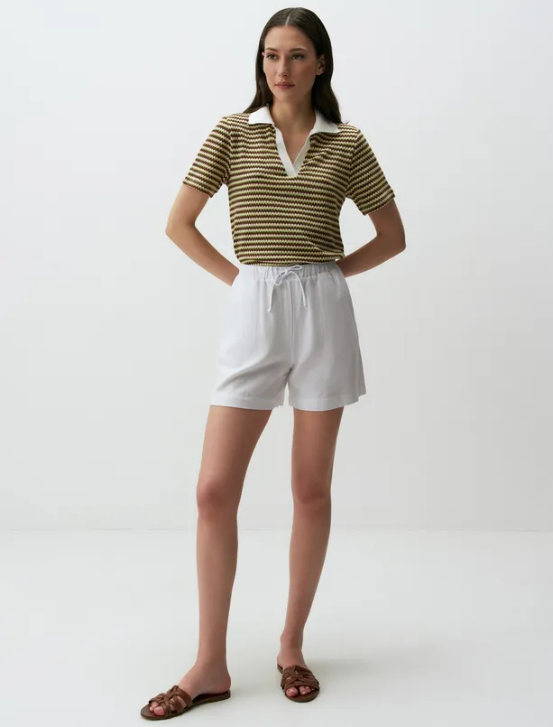 Women White Loose Fitted Linen Shorts with Tie Waist