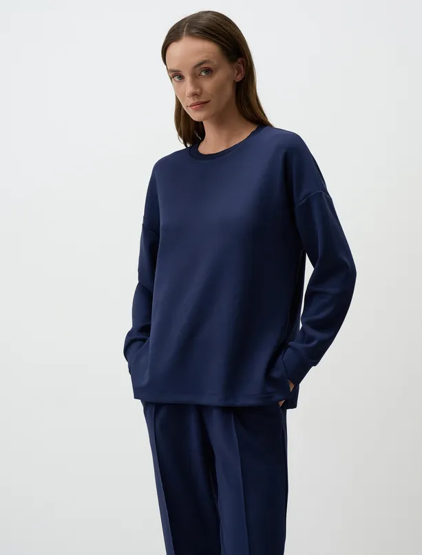 Bayan Lacivert Bisiklet Yaka Uzun Kollu Oversize Modal Sweatshirt
