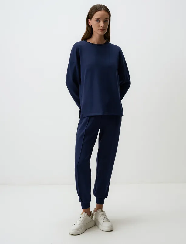 Bayan Lacivert Bisiklet Yaka Uzun Kollu Oversize Modal Sweatshirt