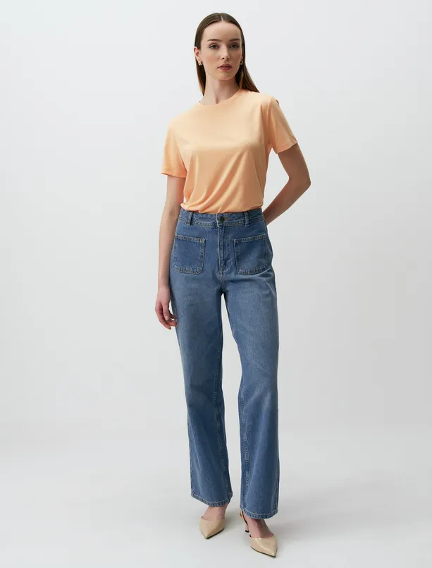 Women Orange Straight Cut Crew Neck Short Sleeve Basic T-Shirt