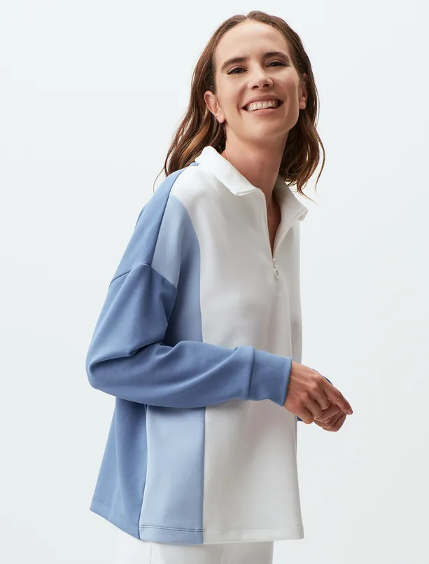 Bayan Mavi Balıkçı Yaka Uzun Kollu Renk Bloklu Sweatshirt