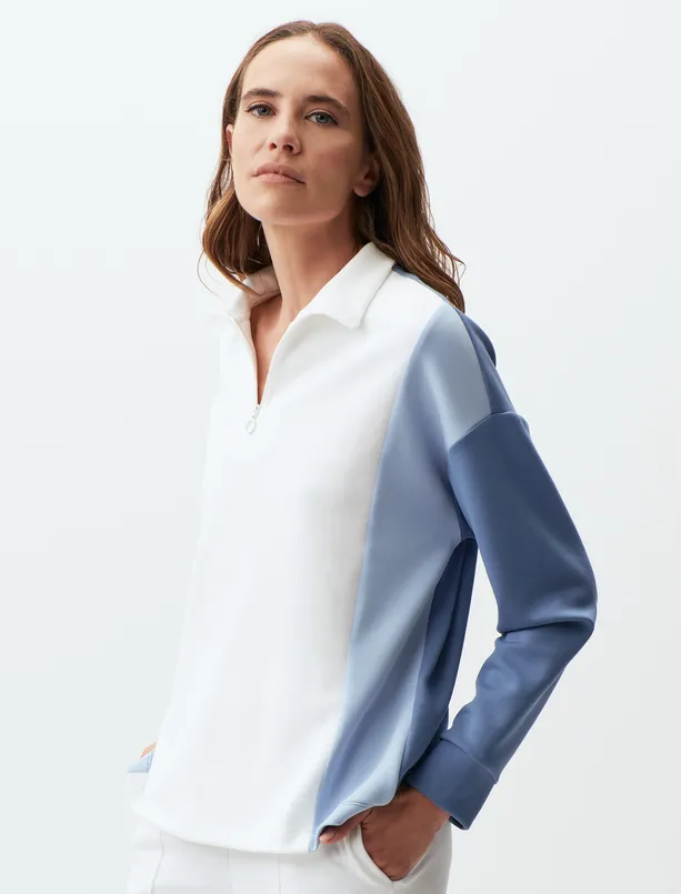 Bayan Mavi Balıkçı Yaka Uzun Kollu Renk Bloklu Sweatshirt