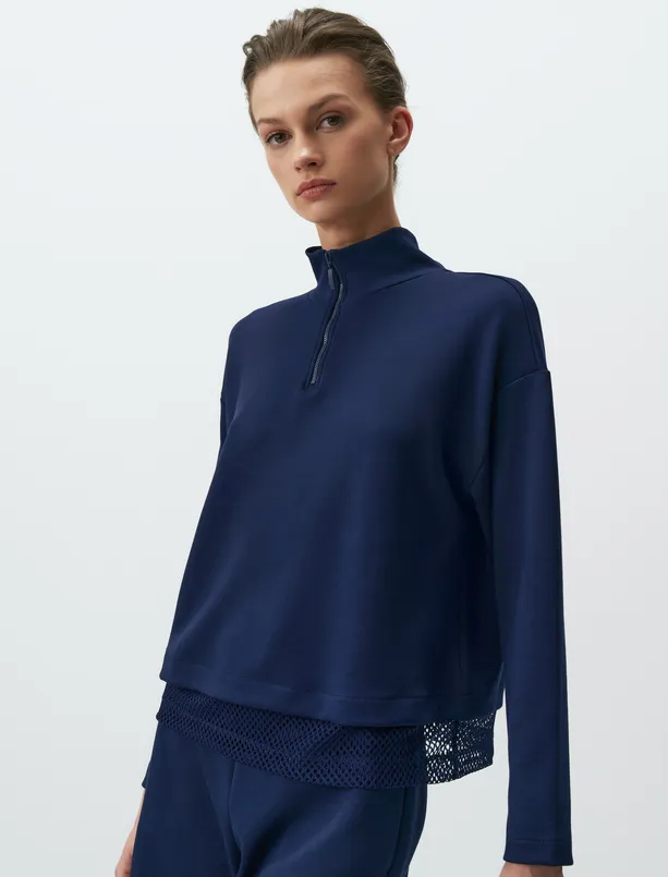 Bayan Lacivert Balıkçı Yaka Uzun Kollu File Detaylı Sweatshirt