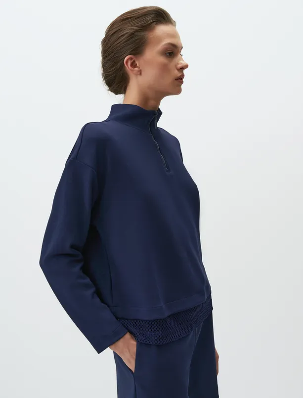 Bayan Lacivert Balıkçı Yaka Uzun Kollu File Detaylı Sweatshirt