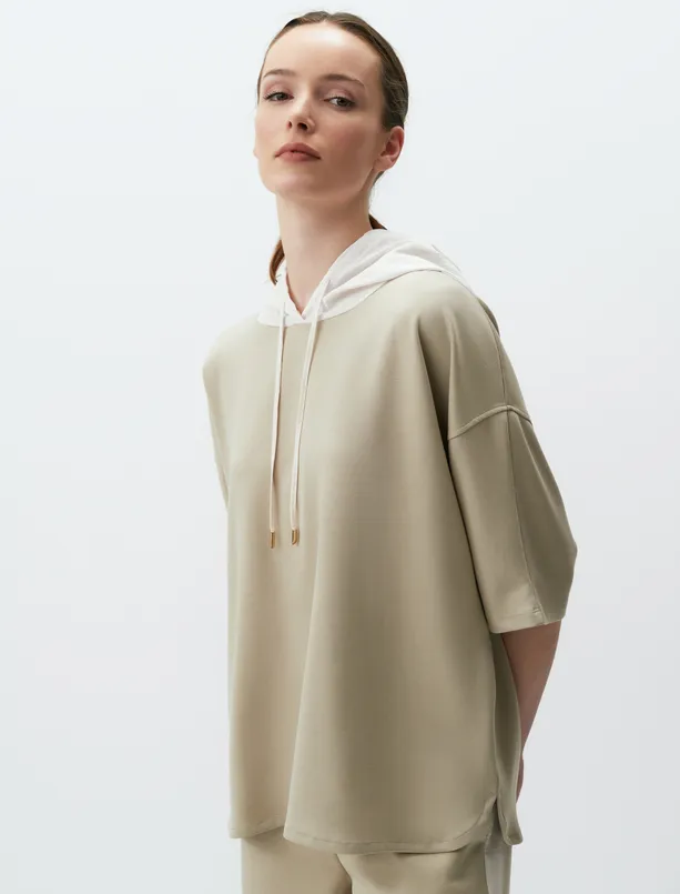 Bayan Vizon Kapüşonlu Oversize Kısa Kollu Sweatshirt
