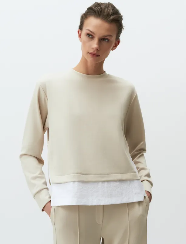 Bayan Bej Uzun Kollu Rahat Basic Sweatshirt