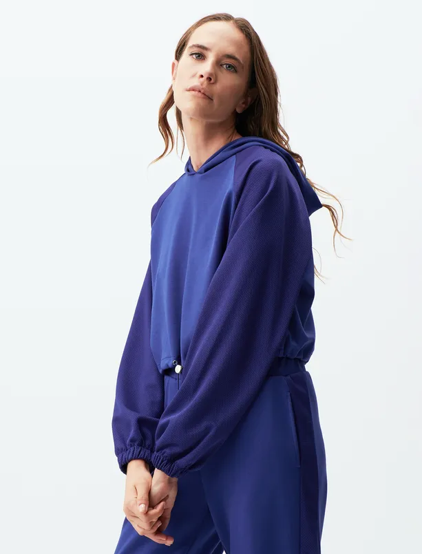 Bayan Mavi Kapüşonlu Belden Büzgülü Sweatshirt