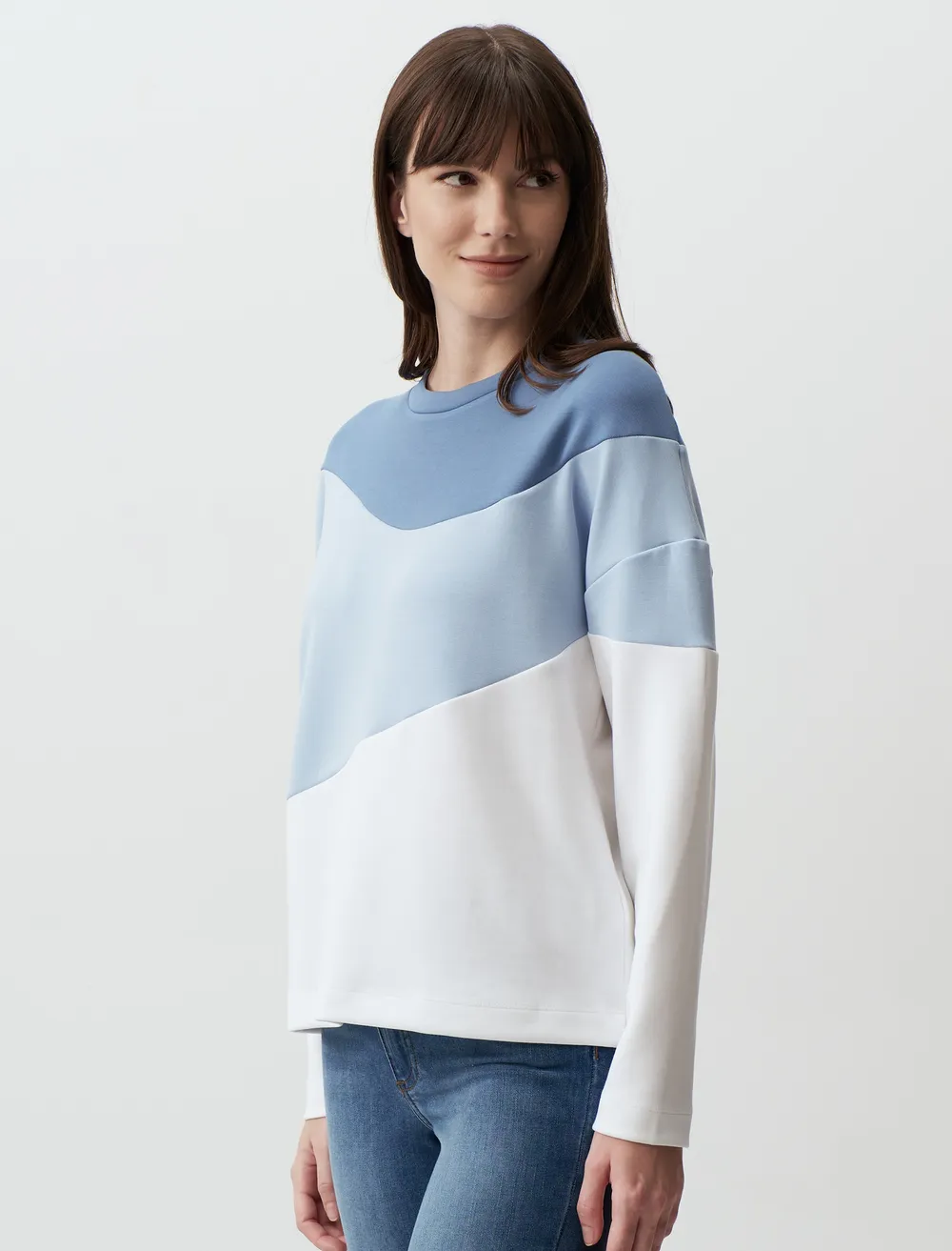 Mavi Uzun Kollu Renk Bloklu Sweatshirt