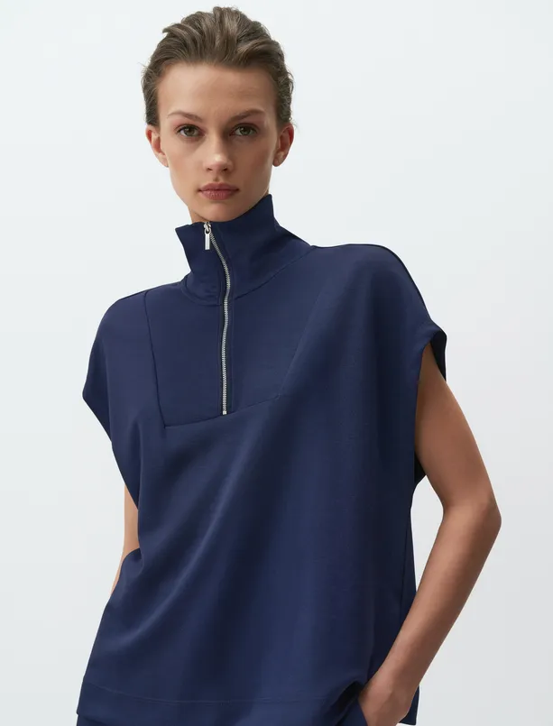 Bayan Lacivert Kolsuz Fermuarlı Balıkçı Yaka Sweatshirt