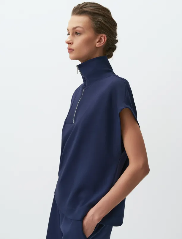 Bayan Lacivert Kolsuz Fermuarlı Balıkçı Yaka Sweatshirt