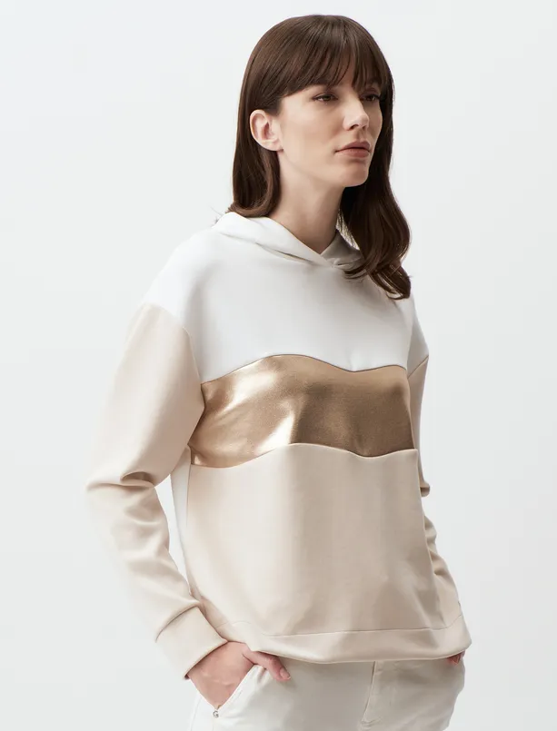 Bayan Bej Kapüşonlu Uzun Kollu Renk Bloklu Sweatshirt