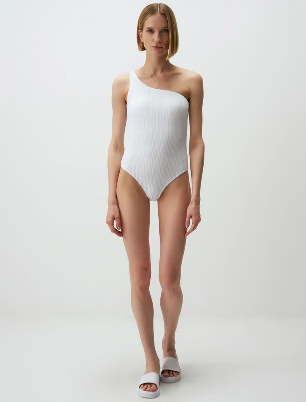 Women White One Shoulder Basic Swimsuit