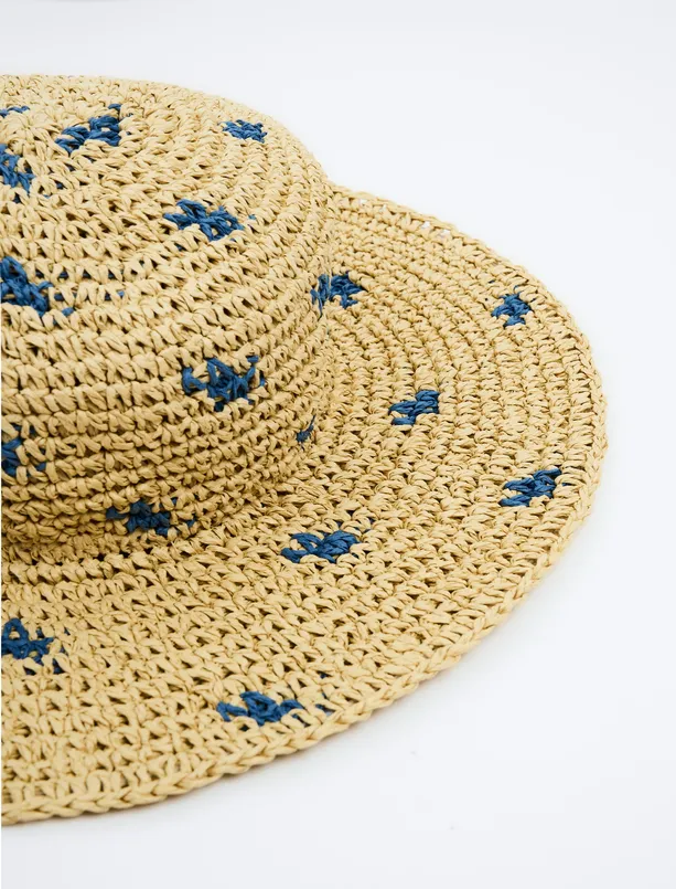 Women Dark Beige Patterned Straw Hat