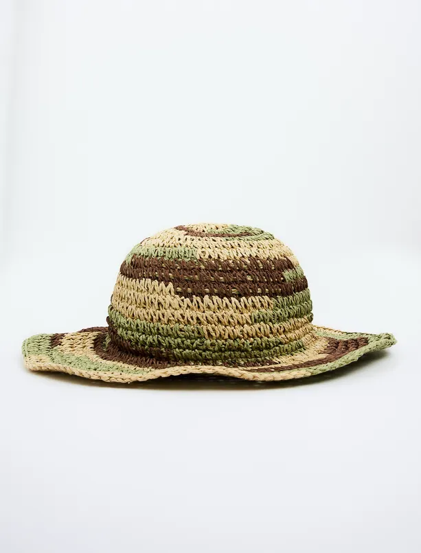 Bayan  Etnik Desenli Hasır Şapka