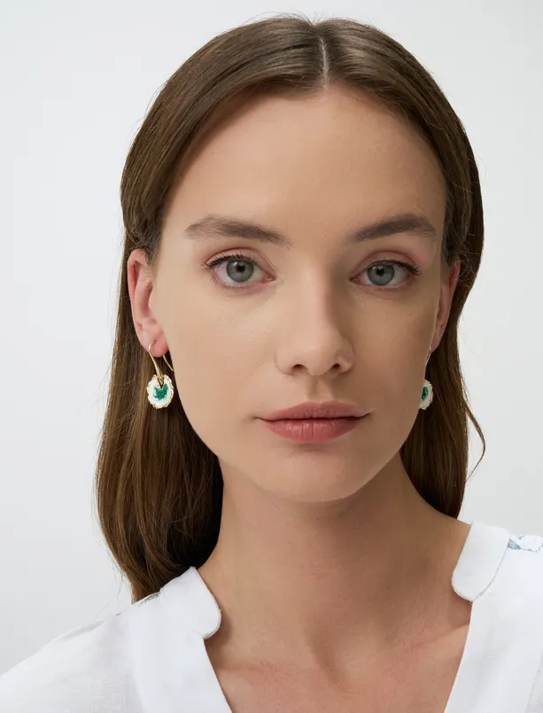Women Green Flower Figured Enamel Earrings